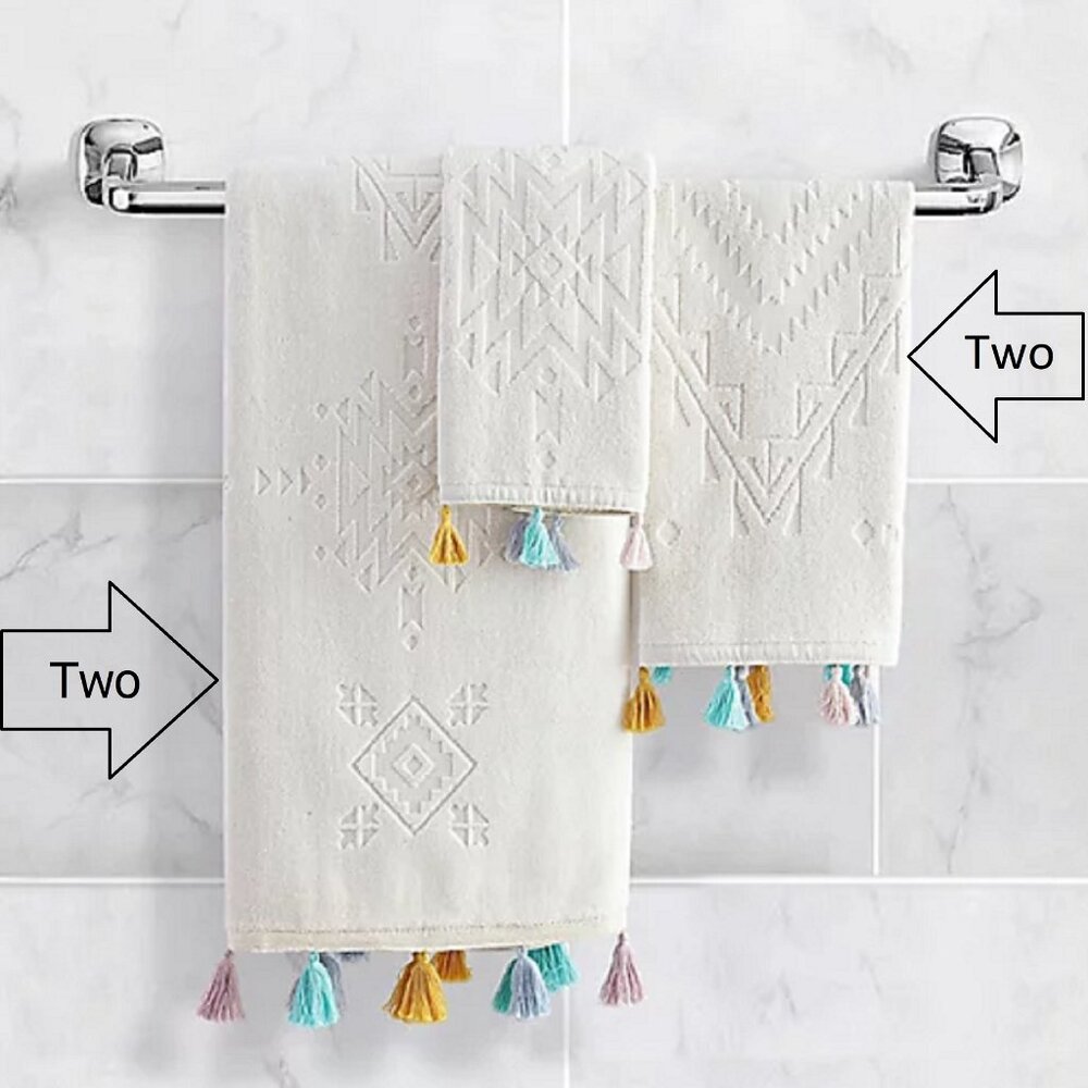 2 BATH + 2 HAND Wild Sage Gloria Geo 100% Cotton Towels w/ Tassels